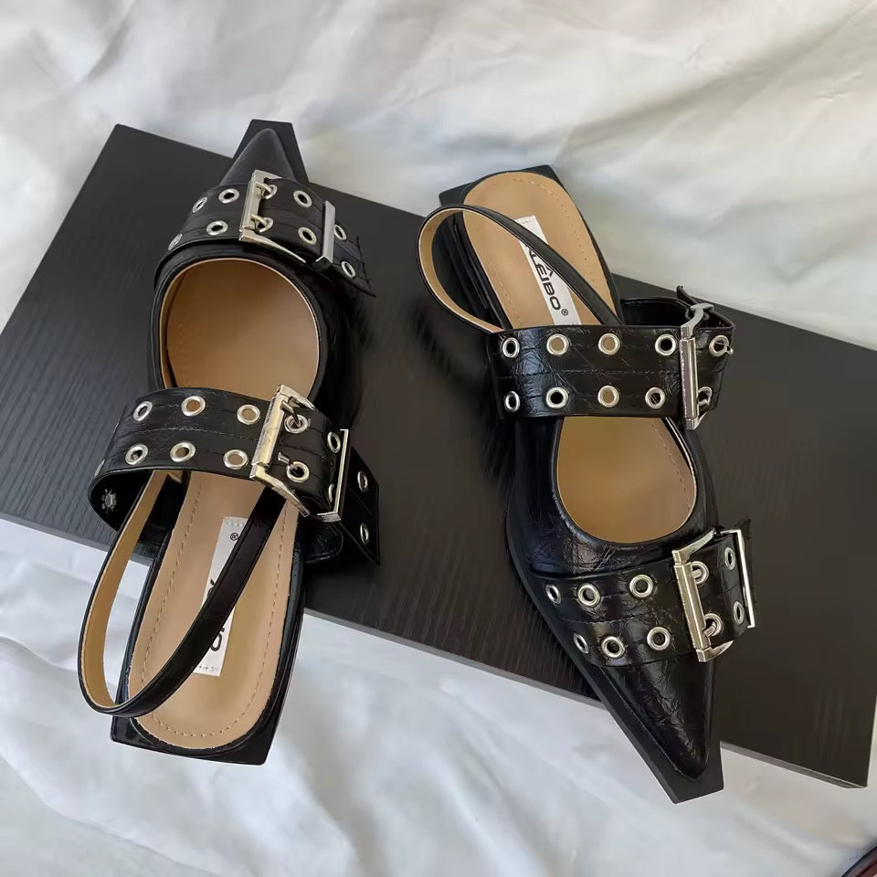 Leather Corporate Goth Point Toe Buckle Flat Shoes