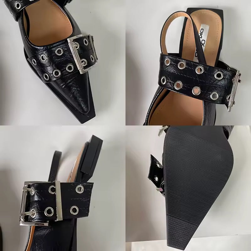 Leather Corporate Goth Point Toe Buckle Flat Shoes