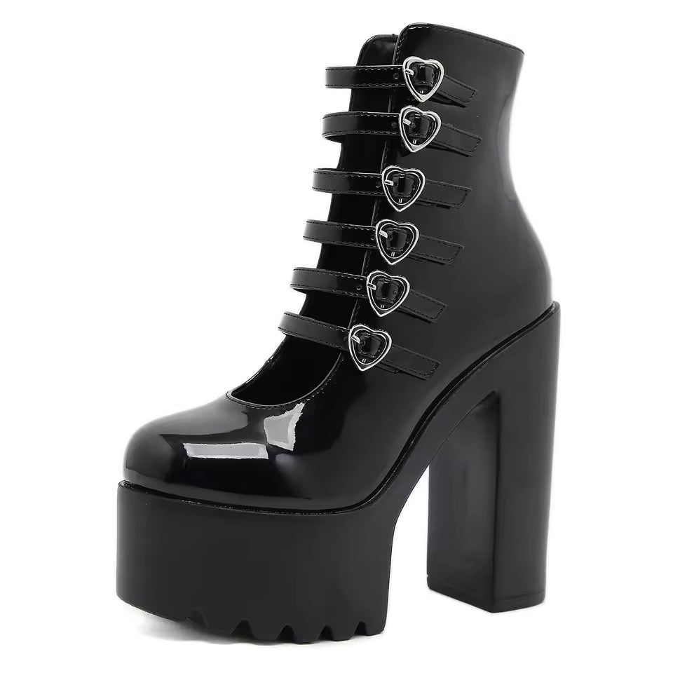 Black Patent Gothic Heart Platform Heel Boots