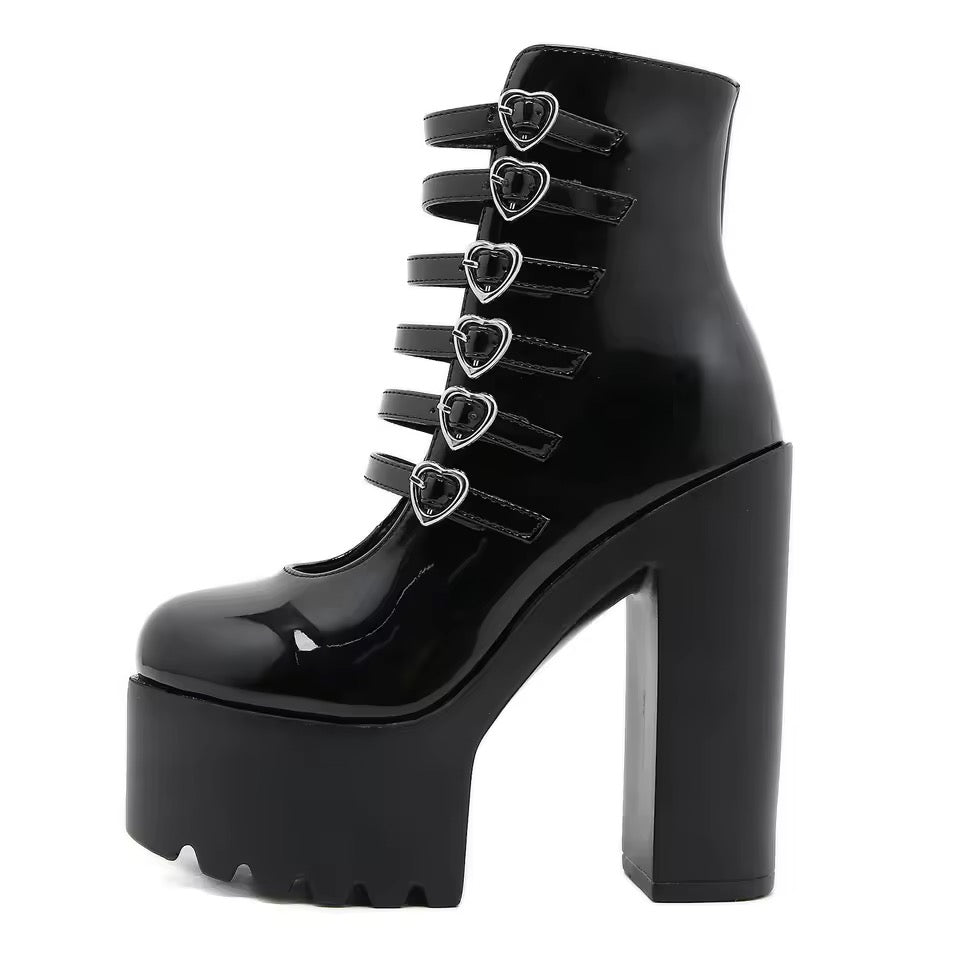 Black Patent Gothic Heart Platform Heel Boots