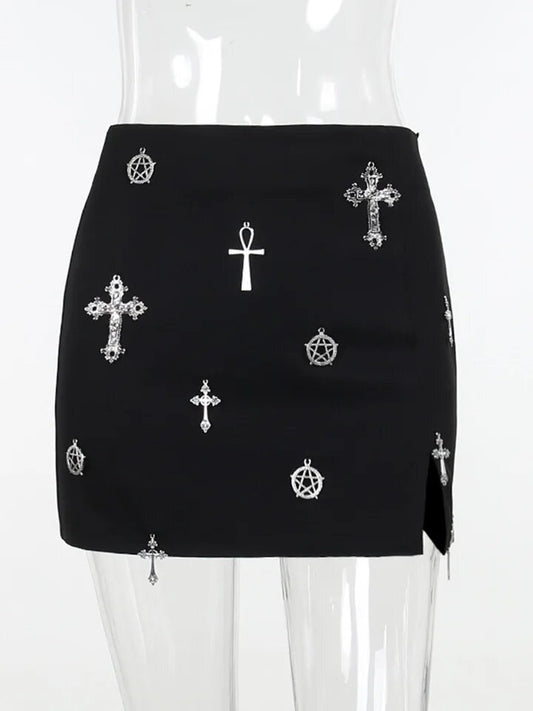 Black Gothic Cross Pendant Mini Skirt