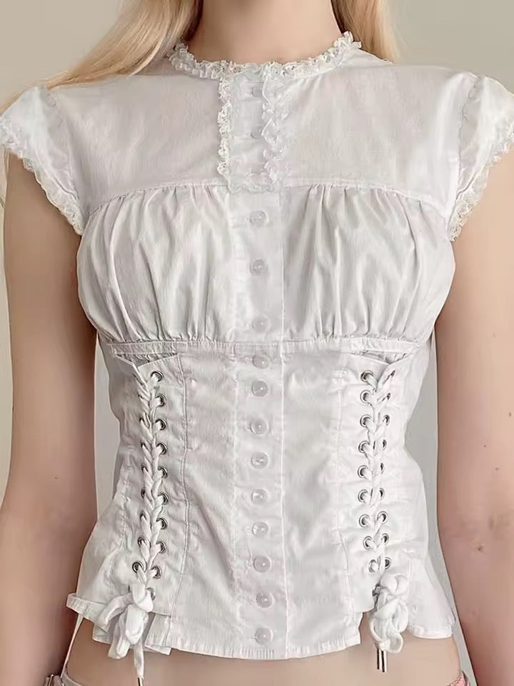 White Goth Victorian Short Sleeve Ruffle Shirt