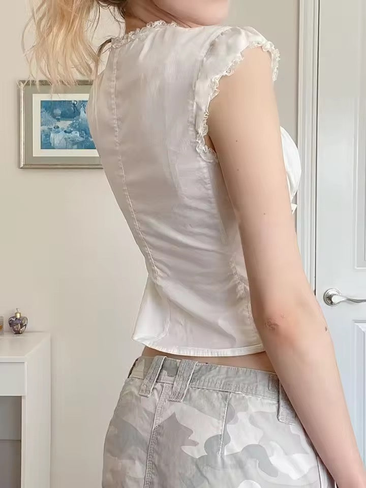 White Goth Victorian Short Sleeve Ruffle Shirt