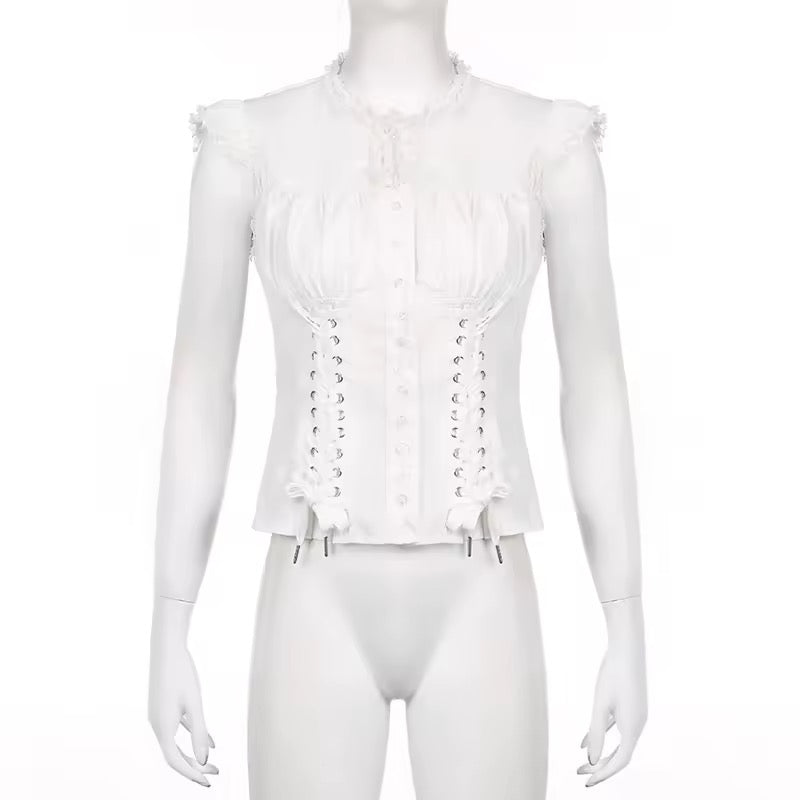 White Goth Victorian Short Sleeve Ruffle Shirt