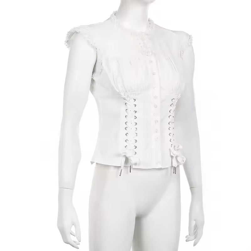 White Goth Victorian Short Sleeve Ruffle Shirt