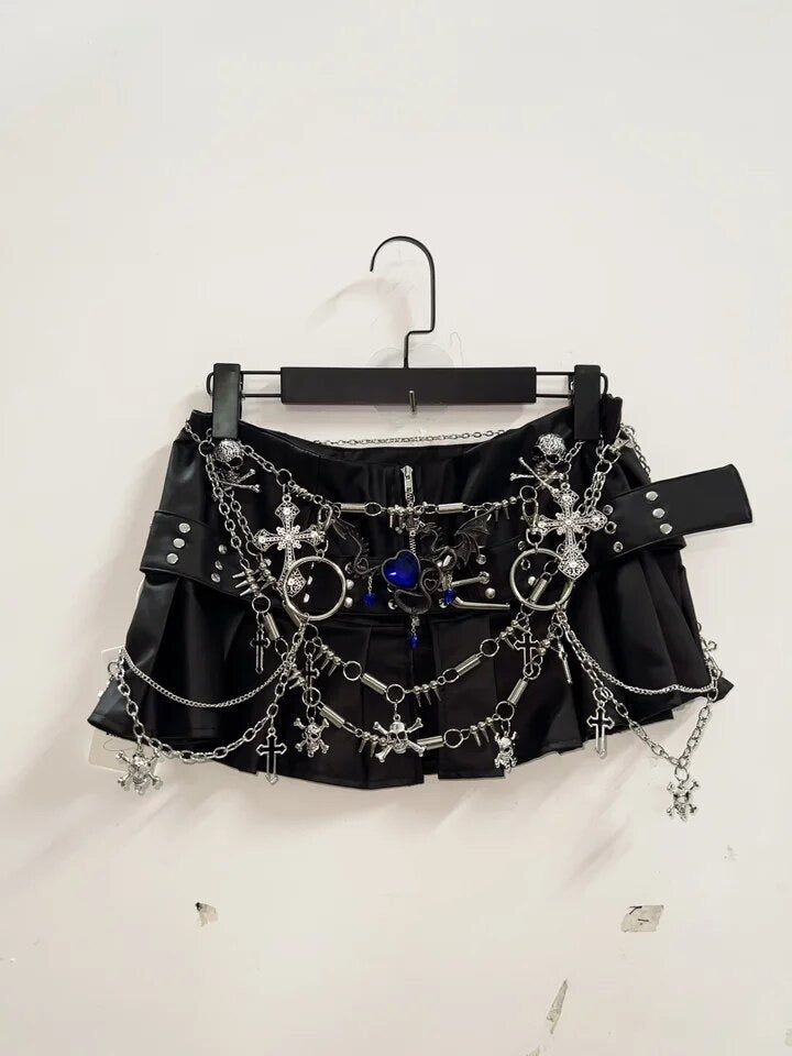 Black Punk Chain Faux Leather Micro Mini Skirt