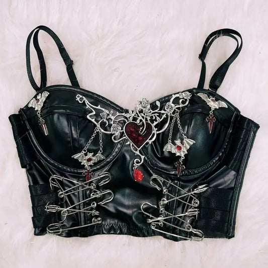 Black Faux Leather Punk Charm Corset Crop Top