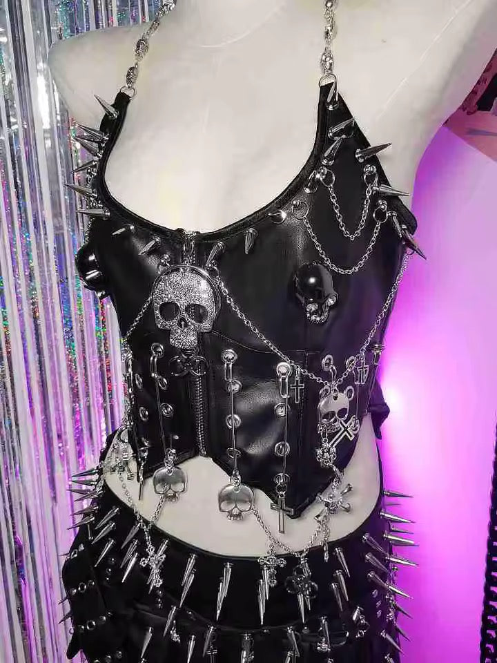 Black Faux Leather Punk Skull Studded Crop Top