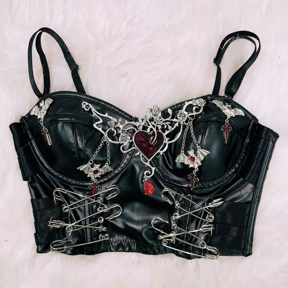 Black Faux Leather Punk Charm Corset Crop Top