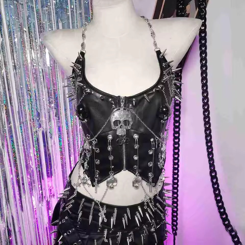 Black Faux Leather Punk Skull Studded Crop Top