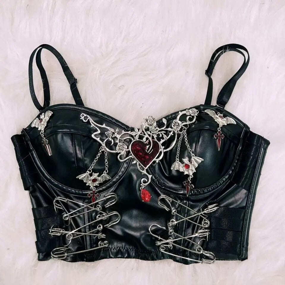 Black Faux Leather Punk Charm Corset Crop Top
