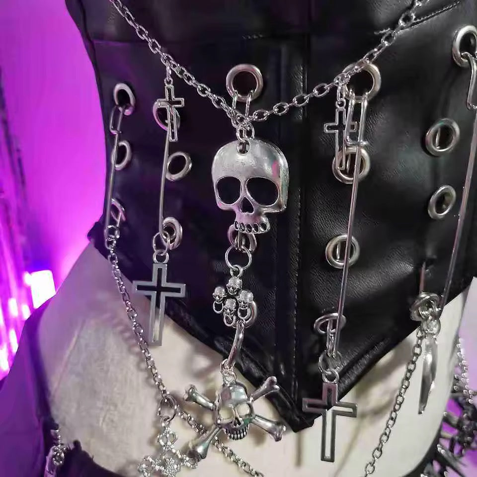 Black Faux Leather Punk Skull Studded Crop Top