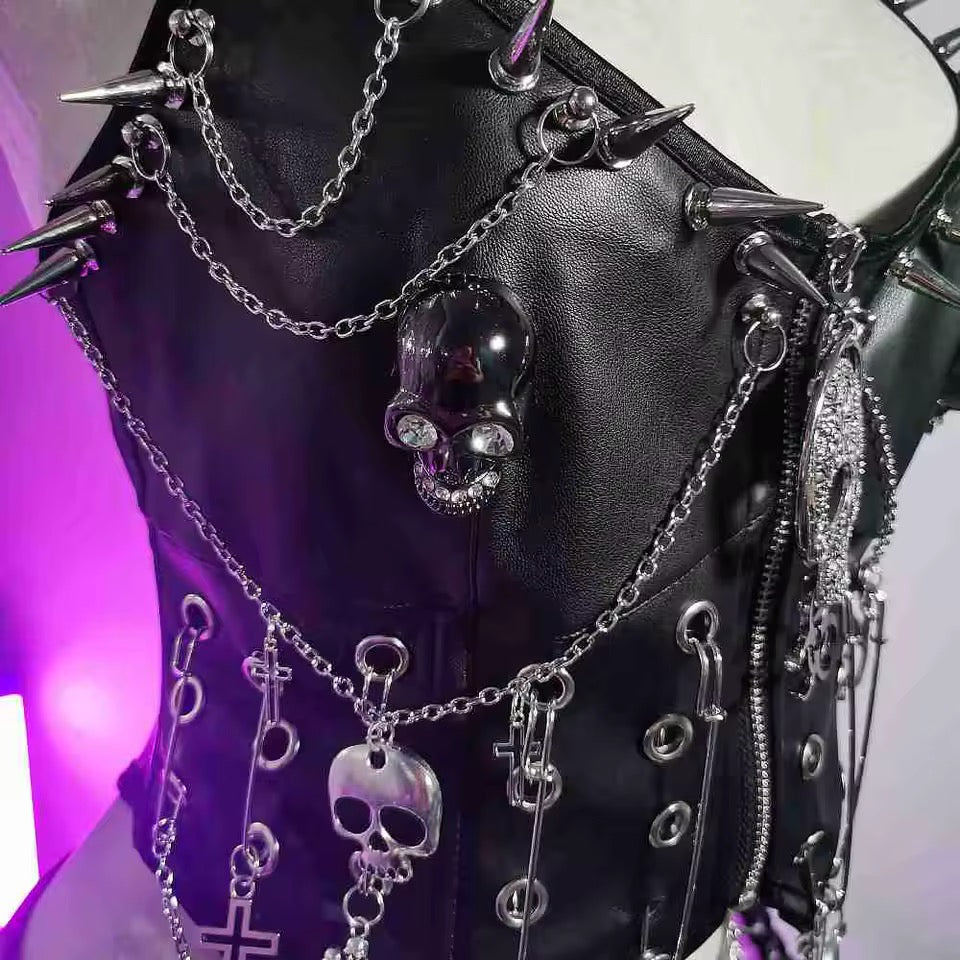 Black Faux Leather Punk Skull Studded Crop Top