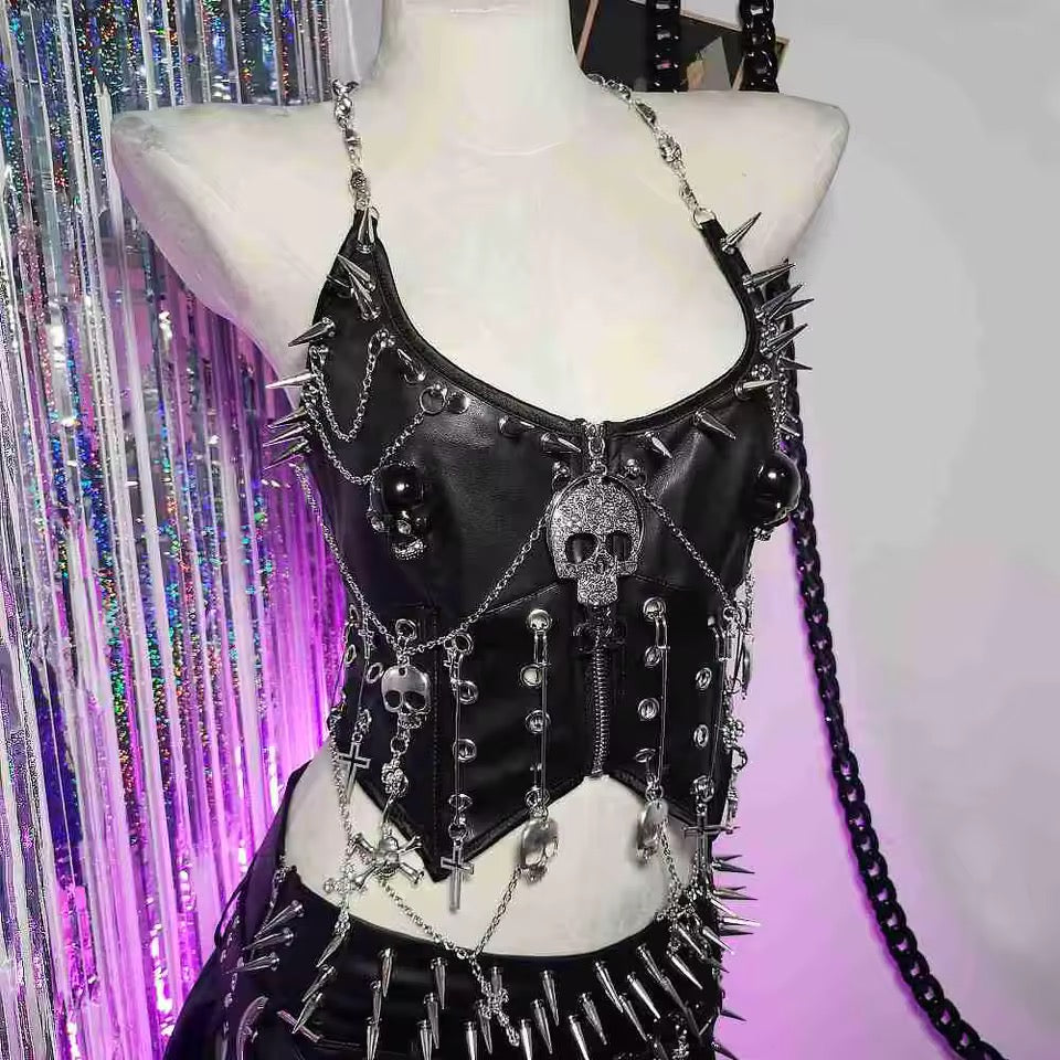 Black Faux Leather Punk Skull Studded Crop Top