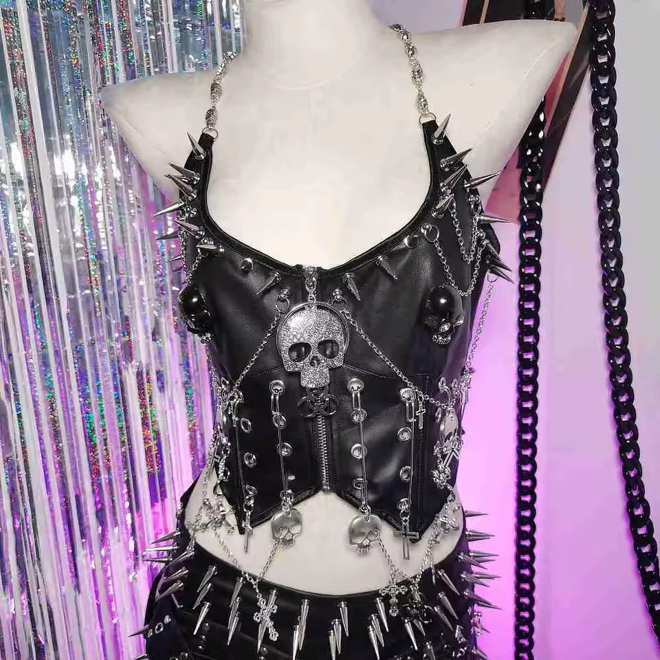 Black Faux Leather Punk Skull Studded Crop Top