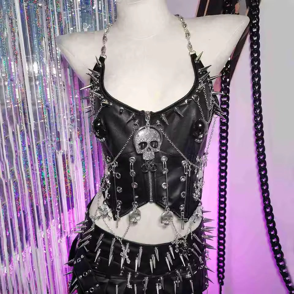 Black Faux Leather Punk Skull Studded Crop Top
