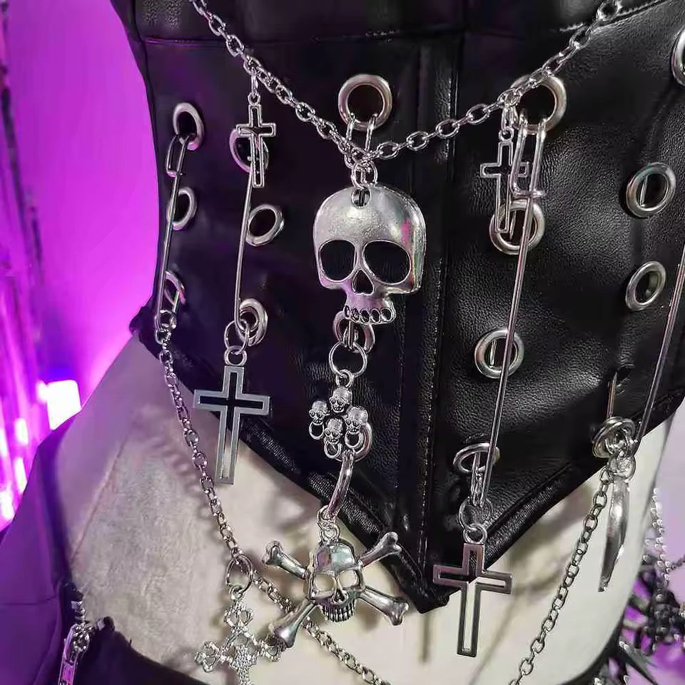 Black Faux Leather Punk Skull Studded Crop Top