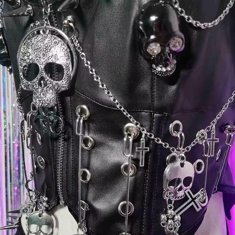Black Faux Leather Punk Skull Studded Crop Top
