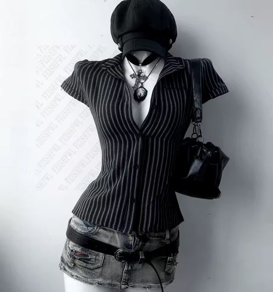 Black Pinstripe Gothic Corset Short Sleeve Shirt