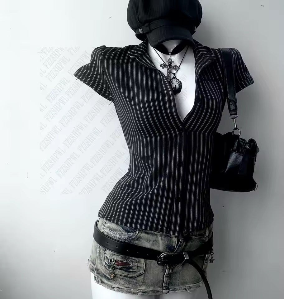 Black Pinstripe Gothic Corset Short Sleeve Shirt