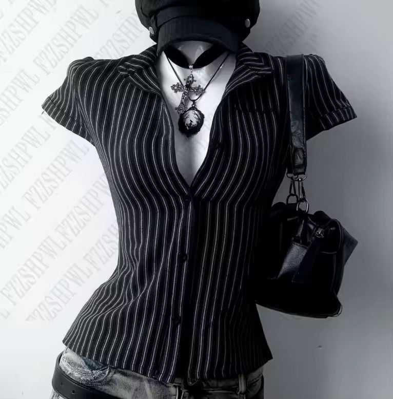 Black Pinstripe Gothic Corset Short Sleeve Shirt