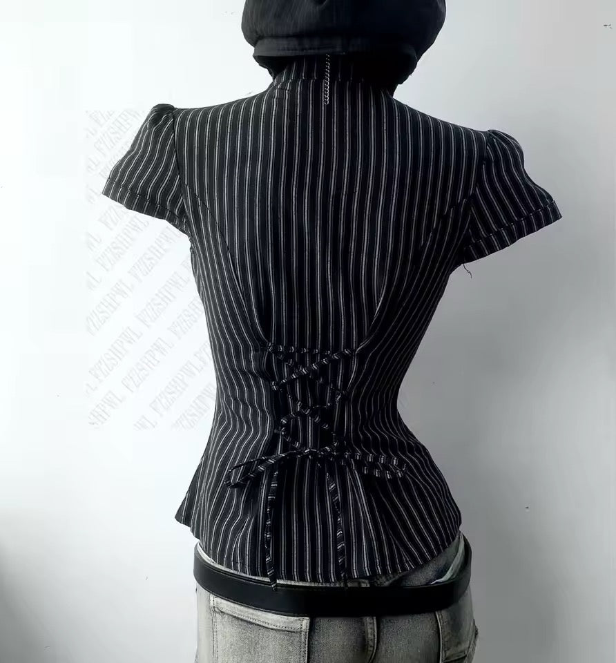 Black Pinstripe Gothic Corset Short Sleeve Shirt