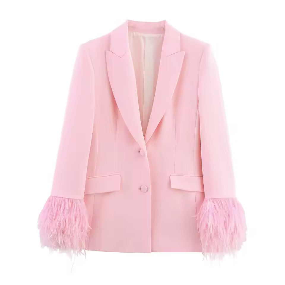 Pink Oversized Kawaii Feather Fluff Blazer Jacket