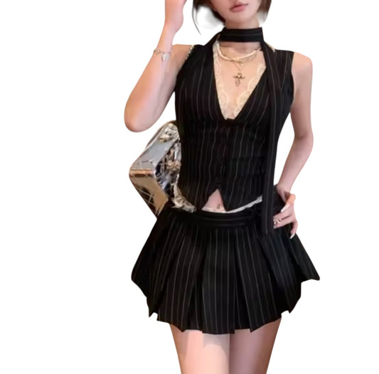Black Pinstripe 3 Piece Vest Skirt Suit Set