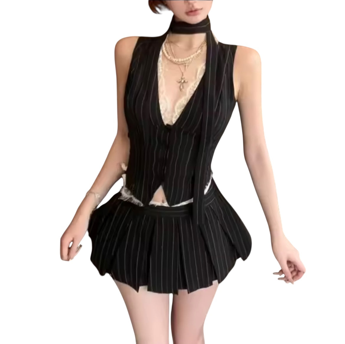 Black Pinstripe 3 Piece Vest Skirt Suit Set