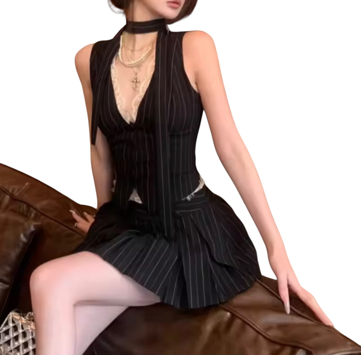 Black Pinstripe 3 Piece Vest Skirt Suit Set