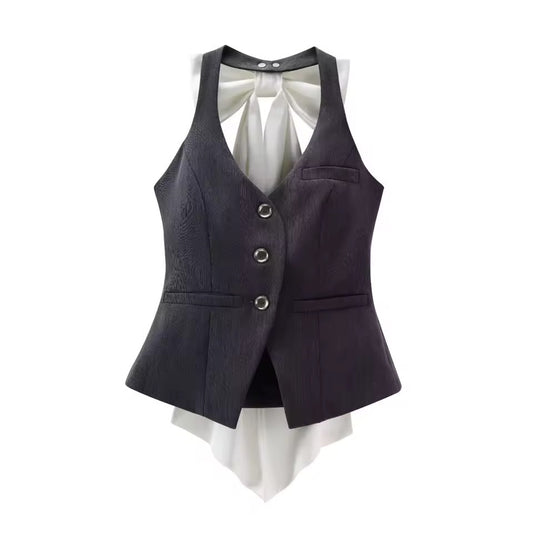 Grey Goth Kawaii Bow Suit Vest Top