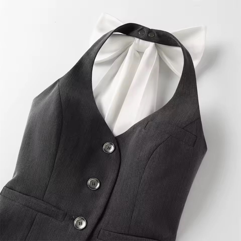 Grey Goth Kawaii Bow Suit Vest Top