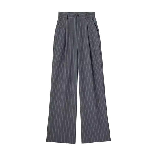 Grey High Waisted Pinstripe Straight Leg Suit Trousers