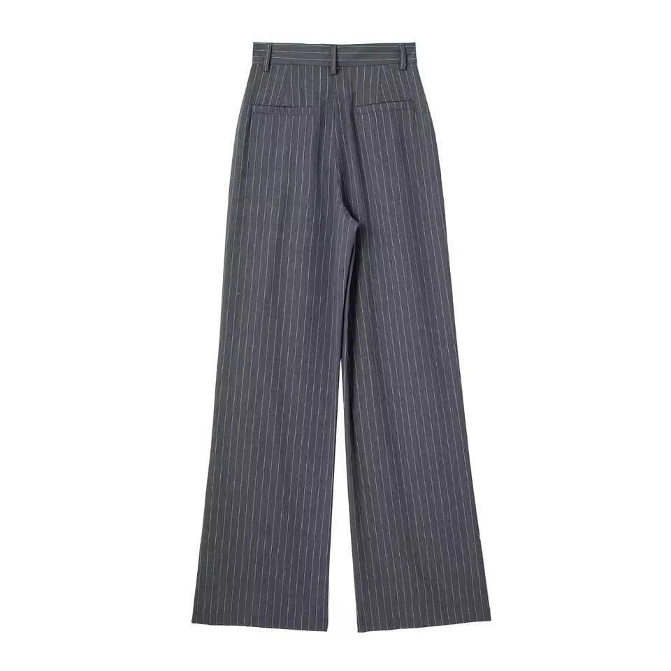 Grey High Waisted Pinstripe Straight Leg Suit Trousers