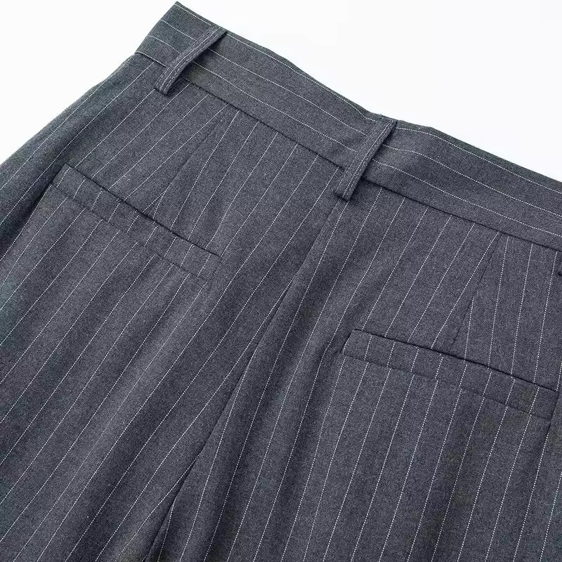 Grey High Waisted Pinstripe Straight Leg Suit Trousers