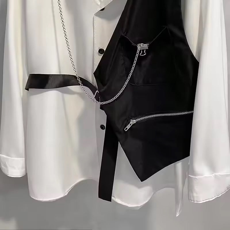 White Oversized Half Vest Punk Chain Blouse