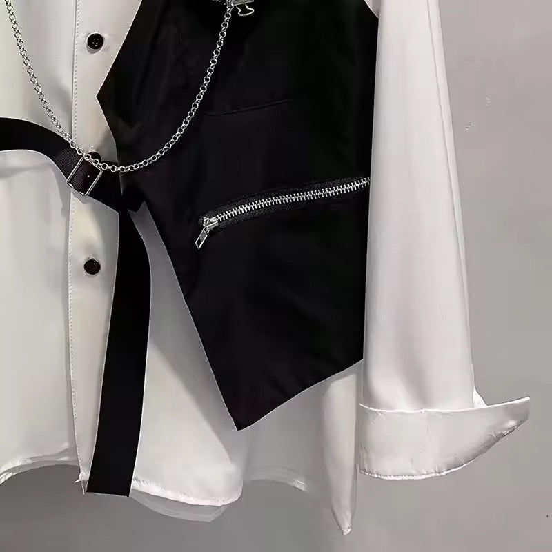 White Oversized Half Vest Punk Chain Blouse