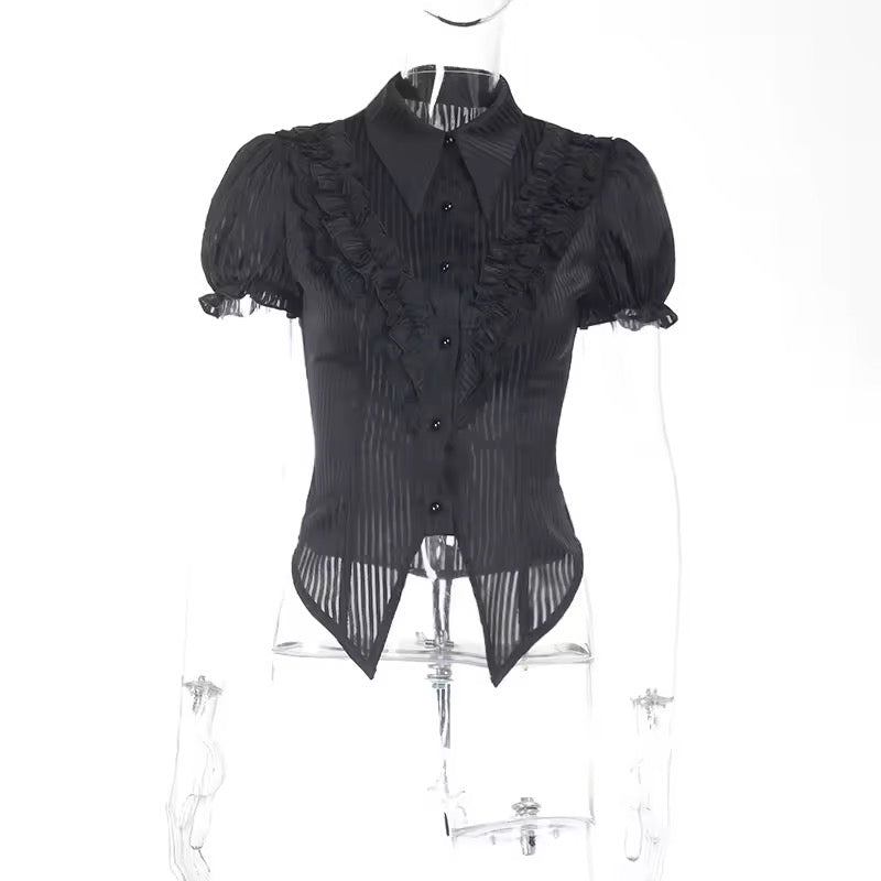 Black Gothic Morticia Collared Striped Blouse Shirt