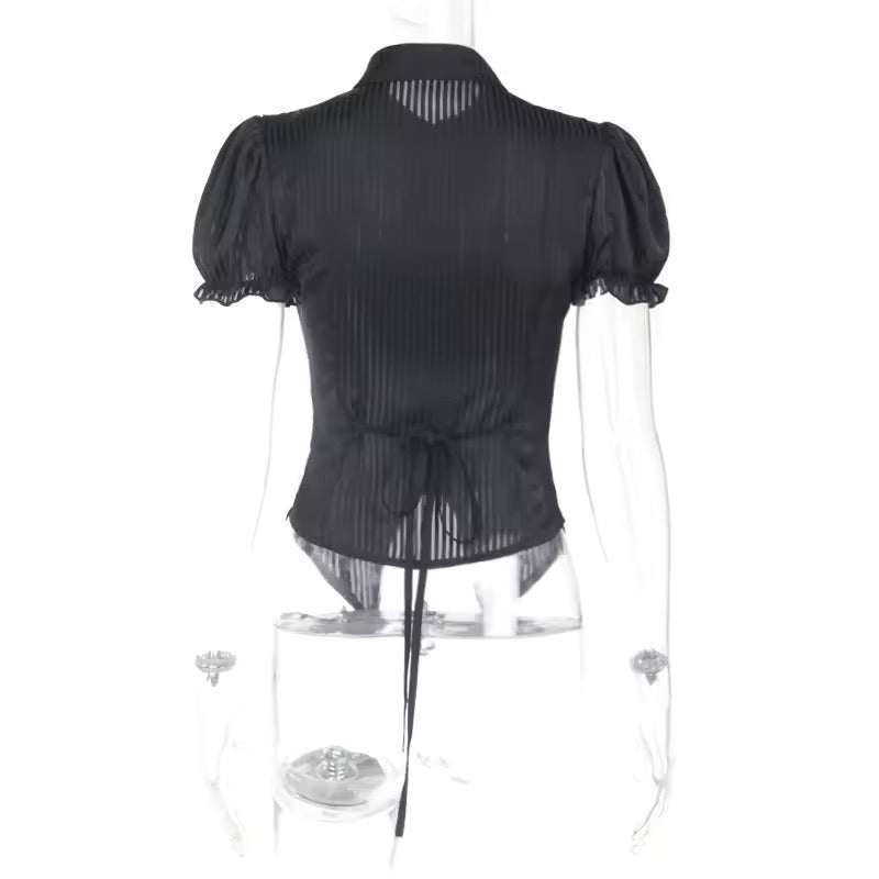 Black Gothic Morticia Collared Striped Blouse Shirt
