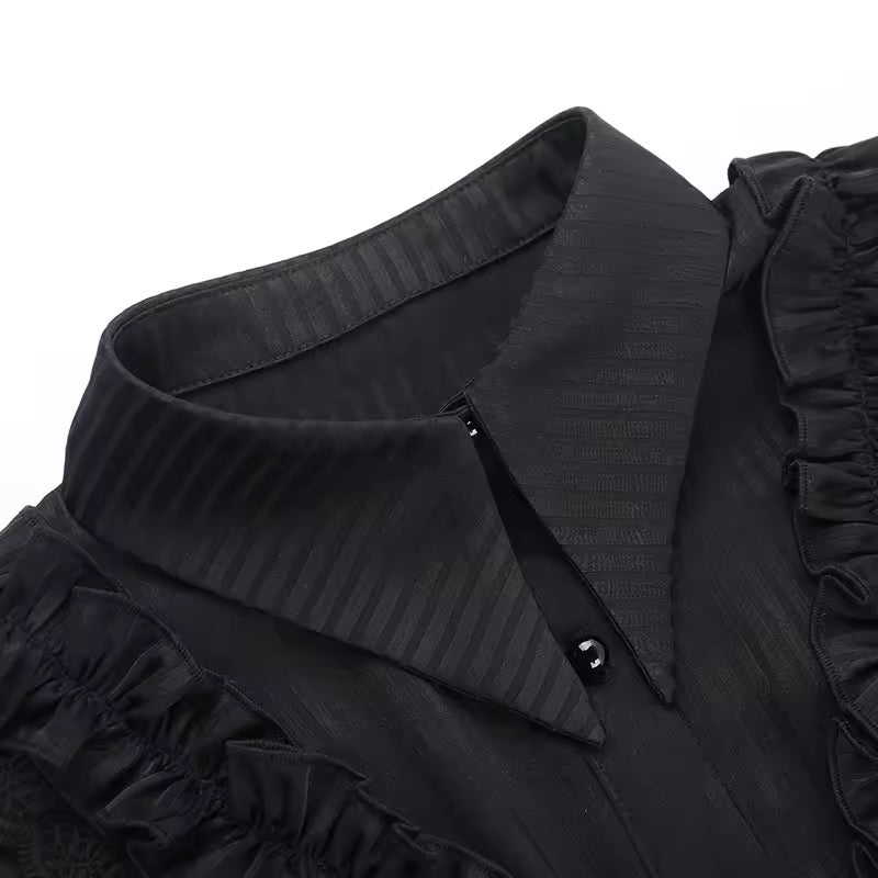 Black Gothic Morticia Collared Striped Blouse Shirt
