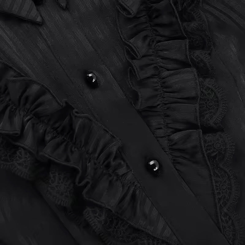 Black Gothic Morticia Collared Striped Blouse Shirt