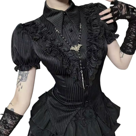 Black Gothic Morticia Collared Striped Blouse Shirt