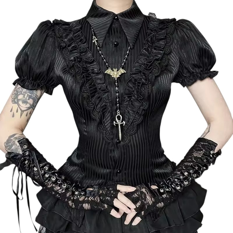 Black Gothic Morticia Collared Striped Blouse Shirt