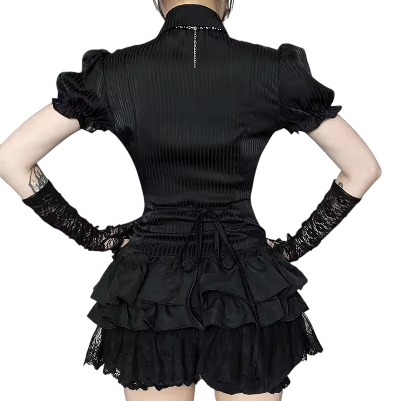 Black Gothic Morticia Collared Striped Blouse Shirt