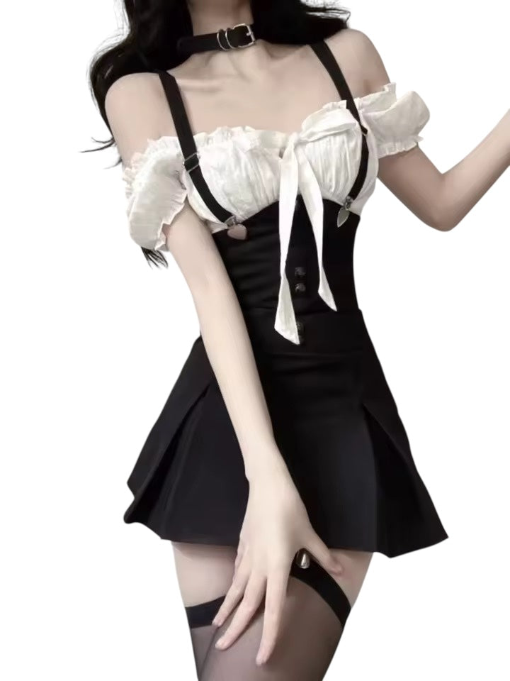 Black Gothic Korean Style Office Suspender Dress Shirt Co-Ord Set