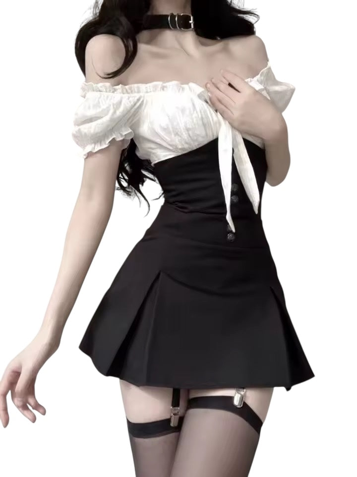 Black Gothic Korean Style Office Suspender Dress Shirt Co-Ord Set