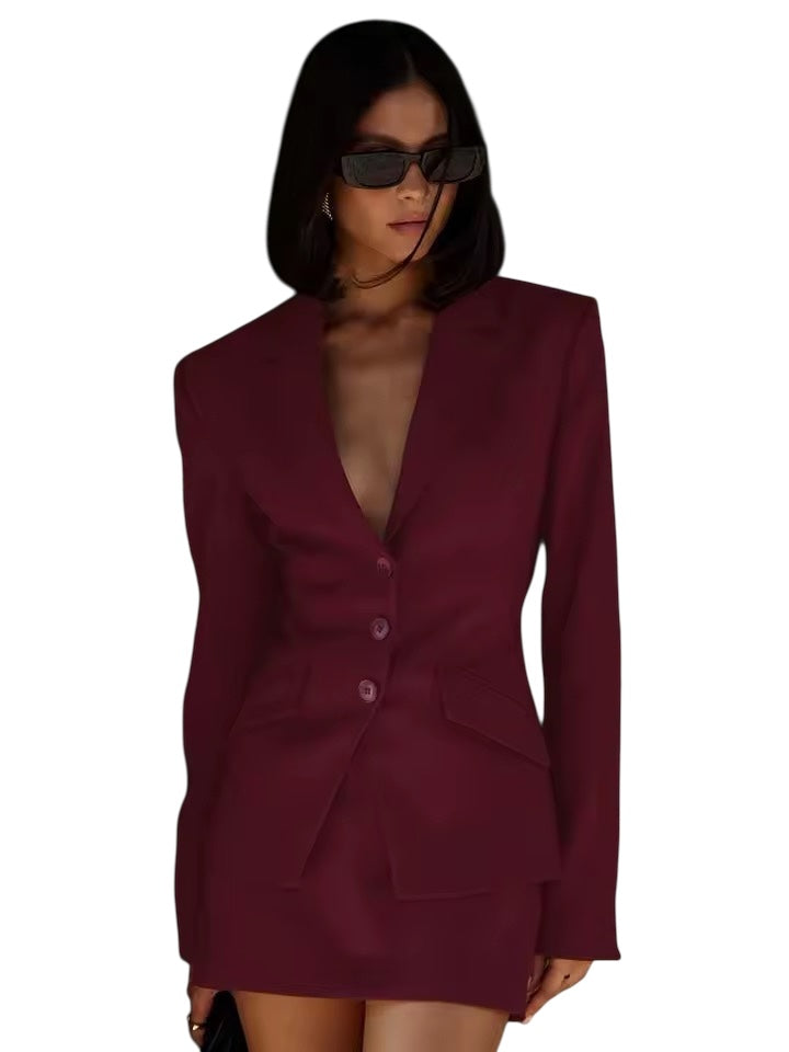 Wine Red CEO 2 Piece Skirt Suit Set