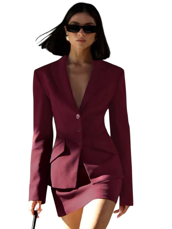 Wine Red CEO 2 Piece Skirt Suit Set