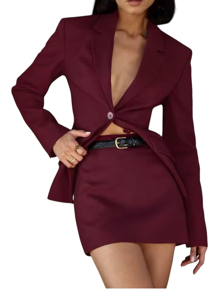 Wine Red CEO 2 Piece Skirt Suit Set
