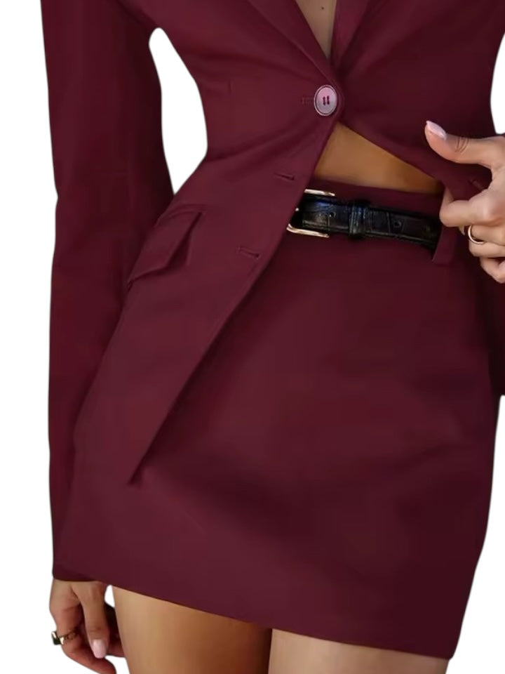 Wine Red CEO 2 Piece Skirt Suit Set